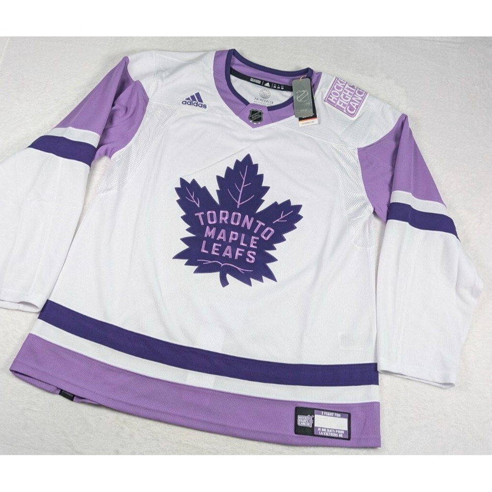 Toronto Maple Leafs Hockey Fights Cancer Adidas Jersey sz 54 White Purple NWT